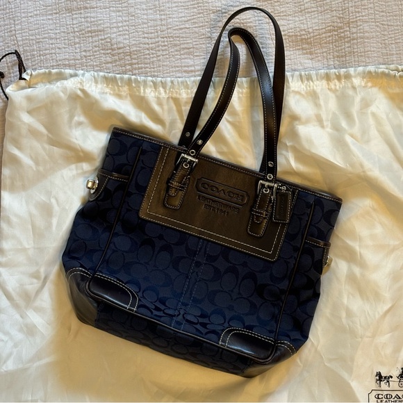 Like new! Authentic Coach Purse, Navy & Brown, Leather & Canvas - Picture 1 of 5